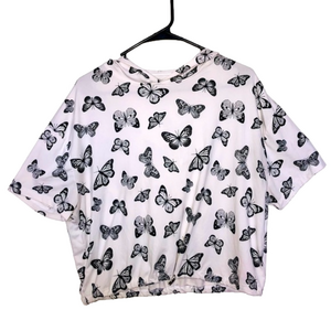 CHARLOTTE RUSSE White Hooded T-Shirt w. Black Butterflies All Over